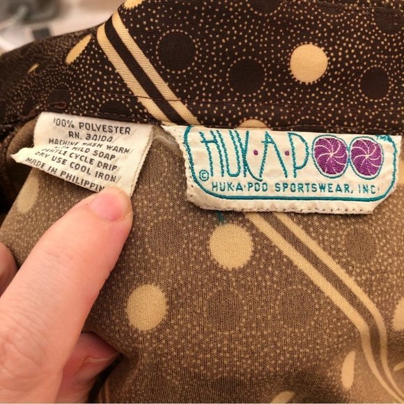 Vintage 70'S Hukapoo Disco style brown and crème polka dot and stripe shirt sz S - Picture 5 of 7